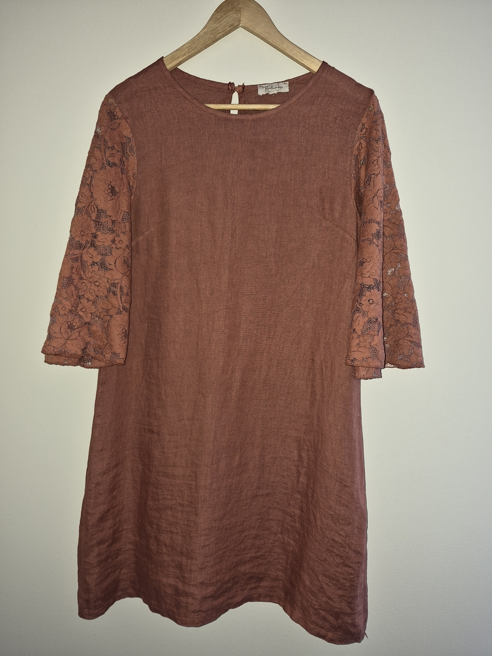 Bellambra Linen Dress Made in Italy Womens Medium Terracotta Lace Sleeve Shift